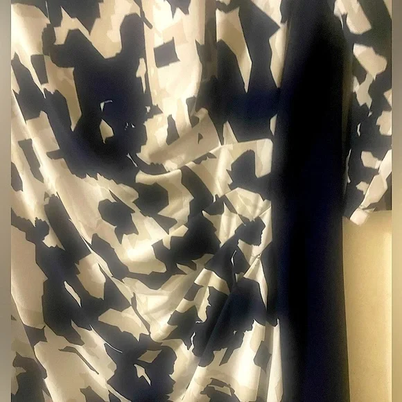 Ralph Lauren Navy & Cream (Size 16) Bateau Sheath Patterned Ruched Office Dress - Picture 7 of 16